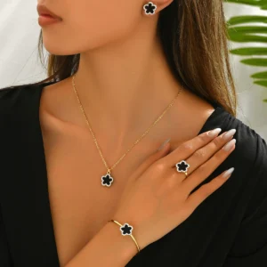 Vintage European Women'S Necklace Bangle Set Inlaid Cz Earrings Open Ring Elegant Alloy Earring & Necklace Set +