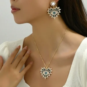 Vintage Women'S Necklace Earrings Designer Evil Eye Cz Stud Earrings Long Chain Cz Alloy Earring & Necklace Set