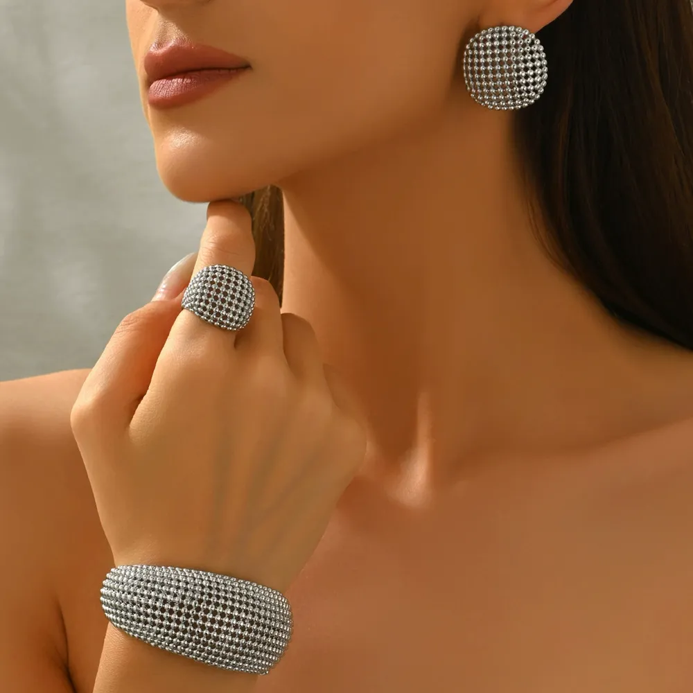 European Women'S Jewelry Set Geometric Hollow Bangle Designer Earrings Elegant Ring Jewelry Set Top
