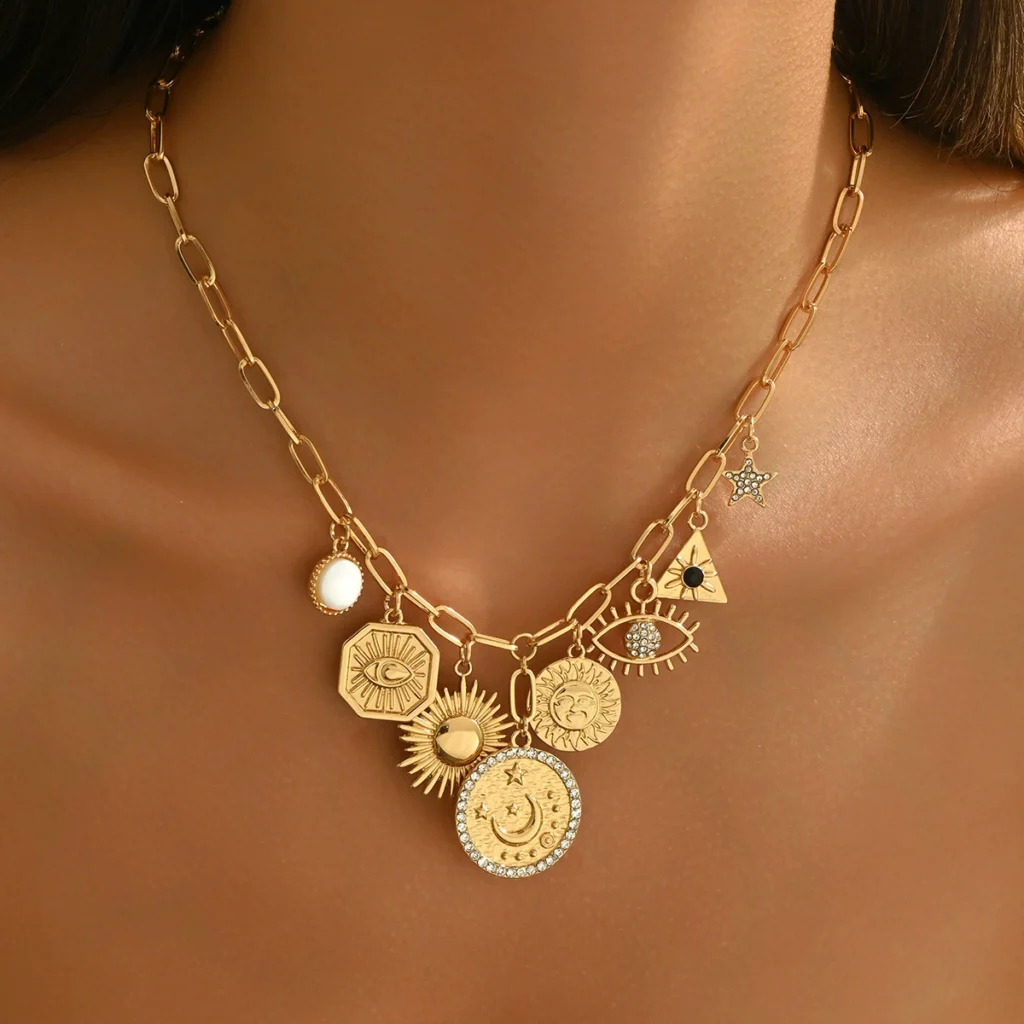 Vintage European Women'S Jewelry Geometric Cz Sun Necklace Elegant Cz Alloy Round