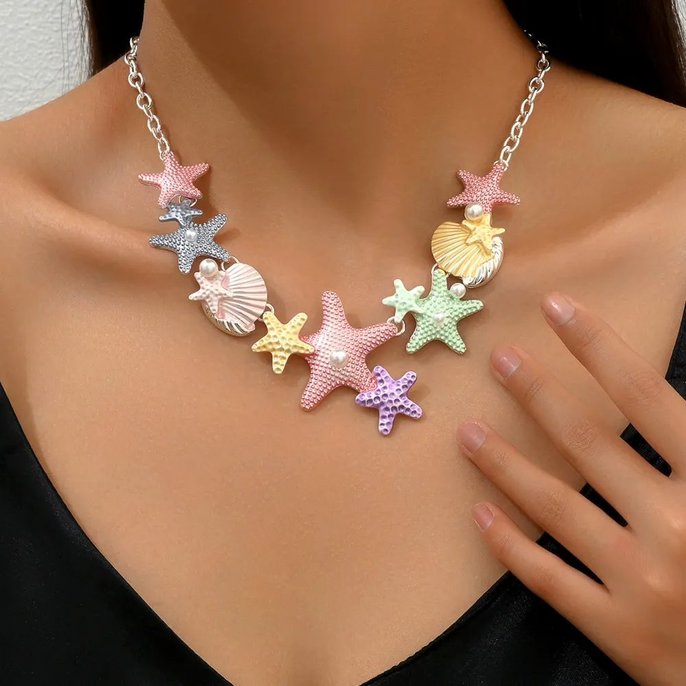 Vintage European Star Long Necklace Elegant Pearl Enamel Choker Necklace Top