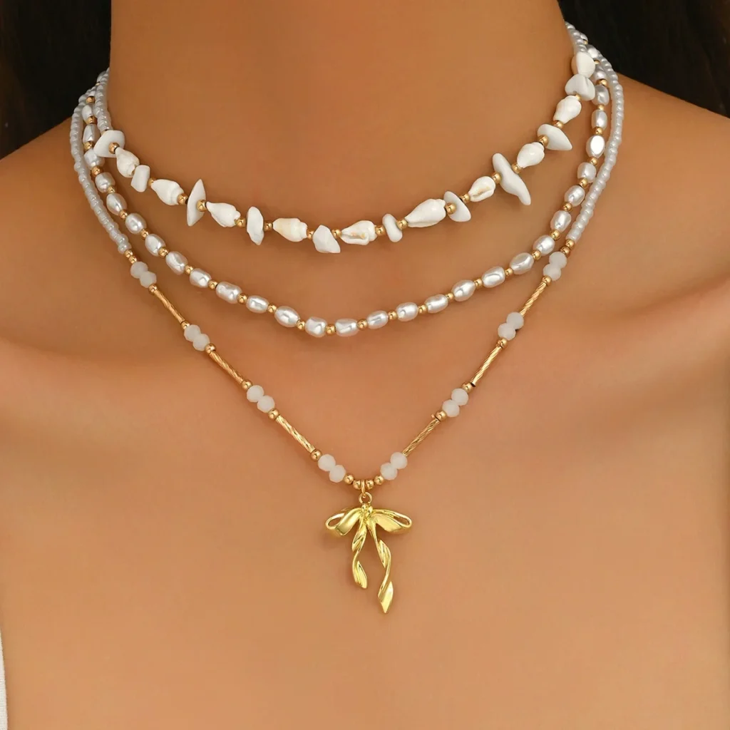 Vintage European Jewelry Bow Multi-Layer Necklace Choker Woven