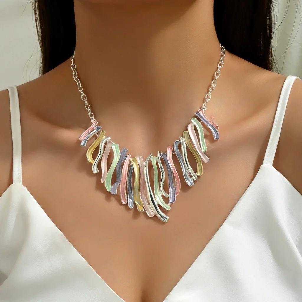 Geometric Office Chic European Necklace Minimalist Enamel Choker Long Chain Gold Enamel