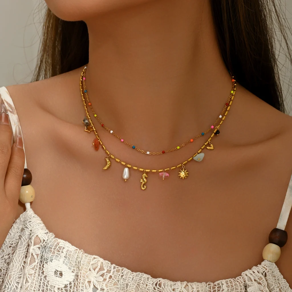 Vintage European Jewelry Geometric Heart Multi-Layer Necklace