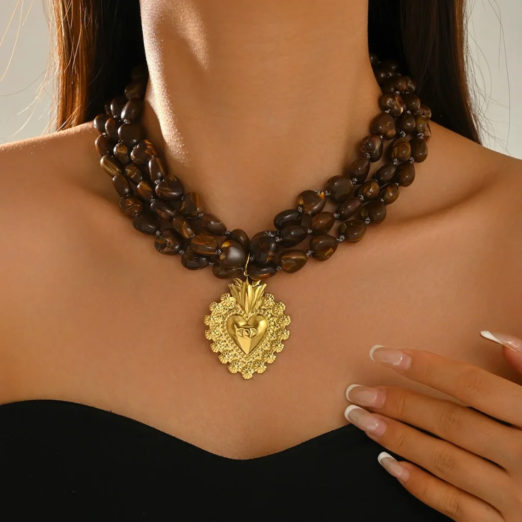 European Jewelry Geometric Multi-Layer Woven Heart Necklace Elegant Pendant Choker