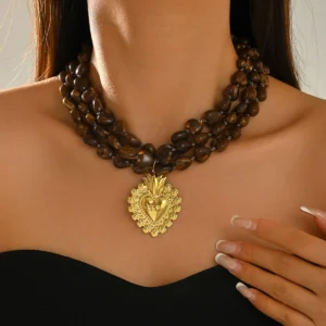European Jewelry Geometric Multi-Layer Woven Heart Necklace Elegant Pendant Choker
