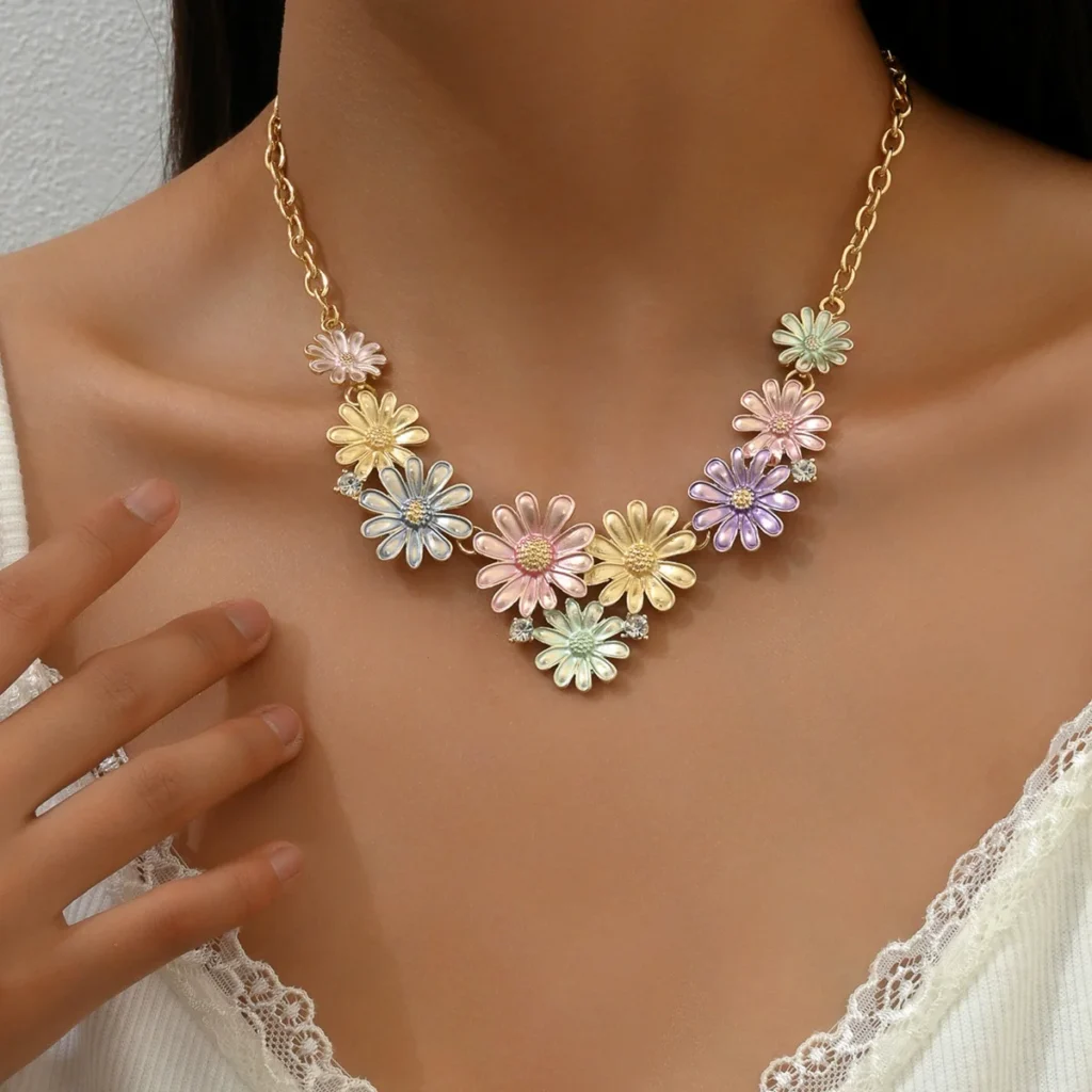 Vintage European Flower Necklace Minimalist Vintage Enamel Choker Long Chain Gold Enamel
