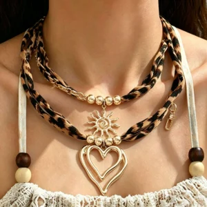 European Jewelry Geometric Heart Sun Woven Necklace Choker Alloy