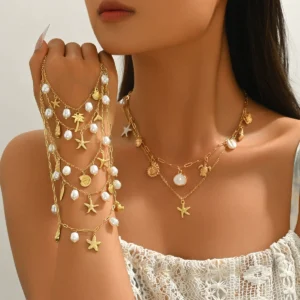 Vintage European Women'S Necklace Geometric Inlaid Pearl Choker Handwoven Alloy