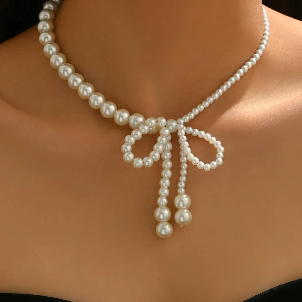 Vintage European Necklace Designer Bow Pearl Choker Luxury Pearl Woven Pearl