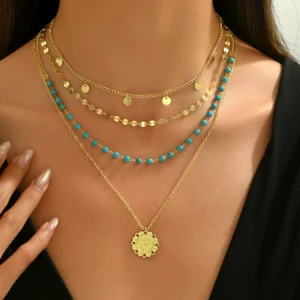 Vintage European Women'S Necklace Geometric Turquoise Flower Pendant Multi-Layer Choker Inlaid Alloy