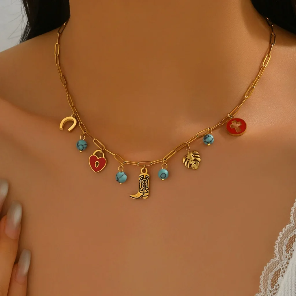 European Women'S Geometric Necklace Designer Enamel Inlaid Turquoise Choker Inlaid Alloy
