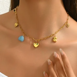 Geometric European Women'S Jewelry Designer Heart Inlaid Natural Stone Long Necklace Elegant Cz Heart