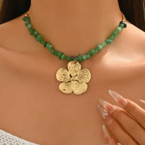 Vintage European Jewelry Designer Line Beaded Necklace Flower Pendant