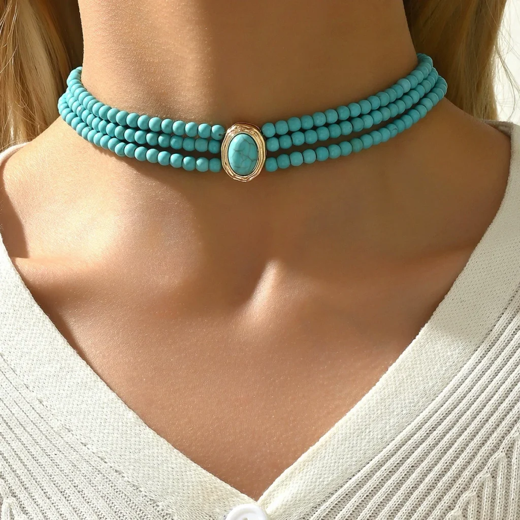 Vintage Geometric Beaded Necklace Minimalist Turquoise Multi-Layer Long Chain Alloy Choker Necklace