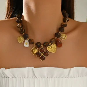 European Jewelry Designer Vintage Luxury Heart Flower Necklace Woven Choker