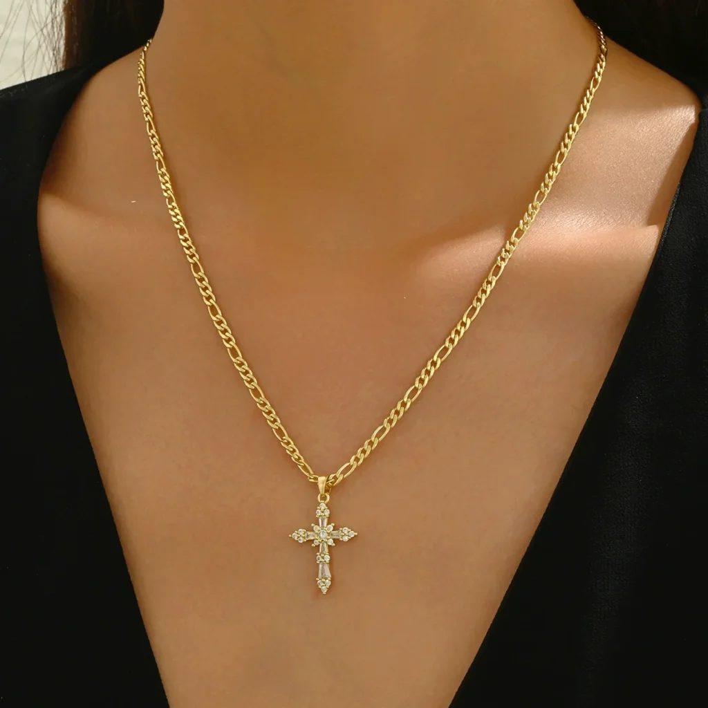 European Women'S Cross Necklace Geometric Cz Elegant Choker Necklace