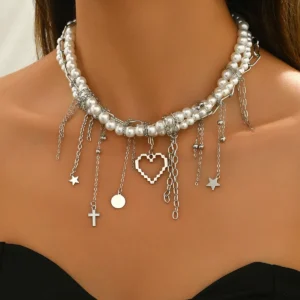 Vintage European Necklace Women'S Elegant Pearl Wrap Multi-Layer Choker Heart Alloy Pearl