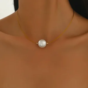 跨境欧美新款女士珍珠项链几何串珠设计高级感锁骨链百搭项饰批发仿珍珠电镀常规链2