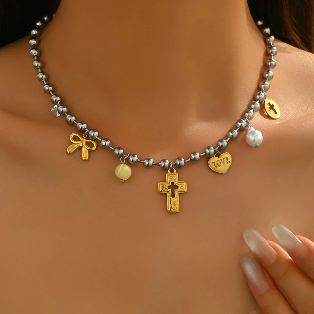 Vintage European Women'S Jewelry Geometric Heart Cross Necklace Designer Choker Alloy Woven