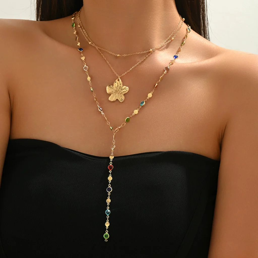European Women'S Necklace Geometric Multi-Layer Inlaid Choker