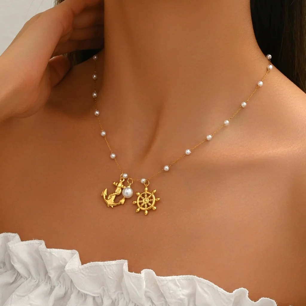 Vintage European Jewelry Geometric Women'S Pearl Necklace Long Pendant Choker Pearl