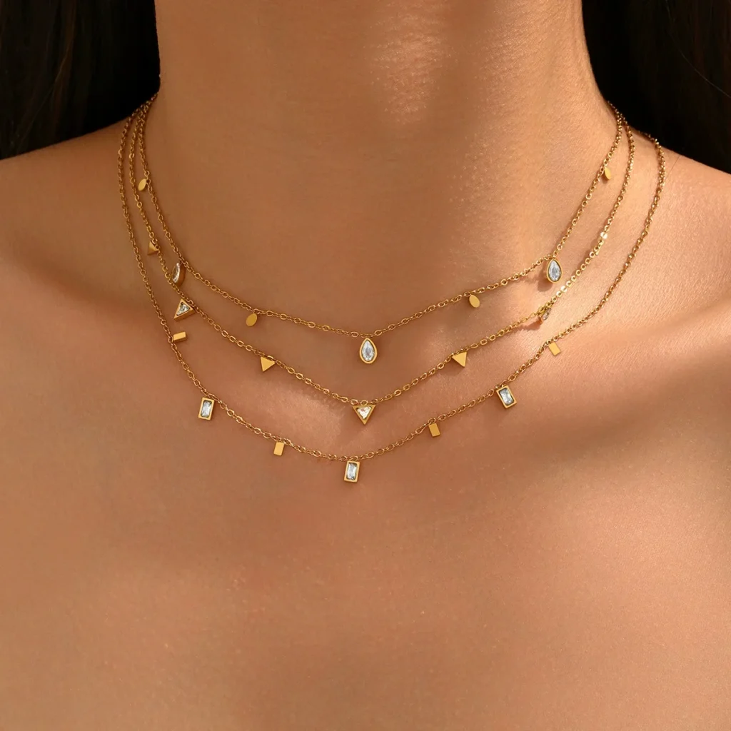 Necklace Geometric Stainless Steel Inlaid Cz Long Choker Necklace