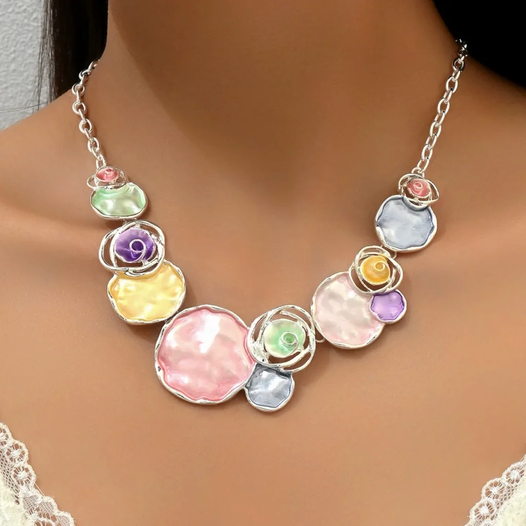 Women'S Long Necklace Geometric Rose Flower Enamel Elegant Choker European