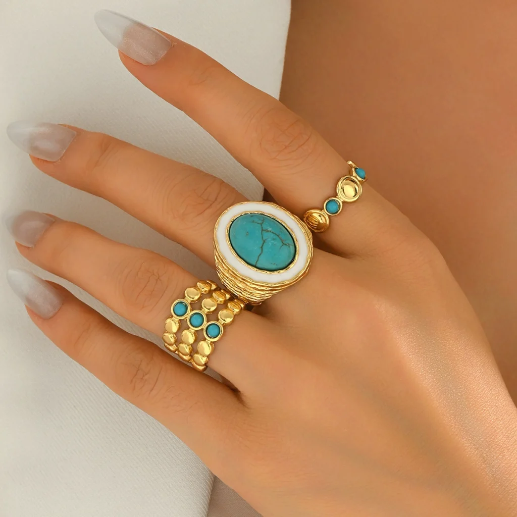 Vintage European Women'S Ring Geometric Inlaid Turquoise Multi-Layer Open Ring