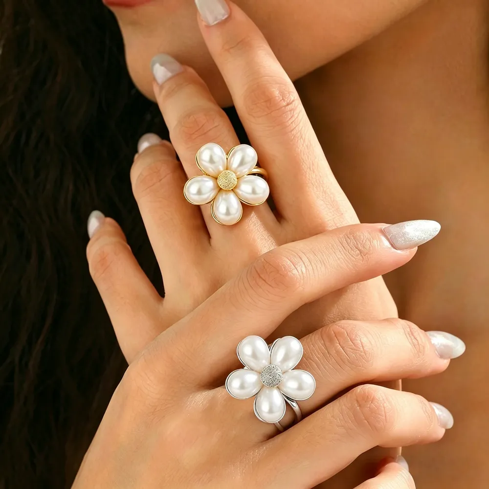 Vintage European Ring Geometric Inlaid Pearl Flower Plain Band Index Ring Alloy Plain Band Pearl