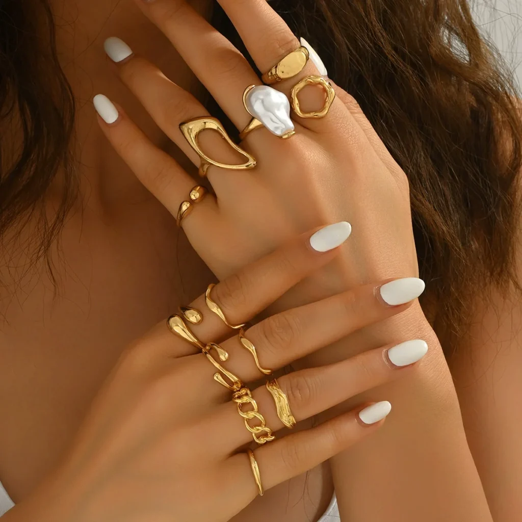 European Women'S Ring Set Geometric Pearl Open Ring Alloy Pearl Luxury