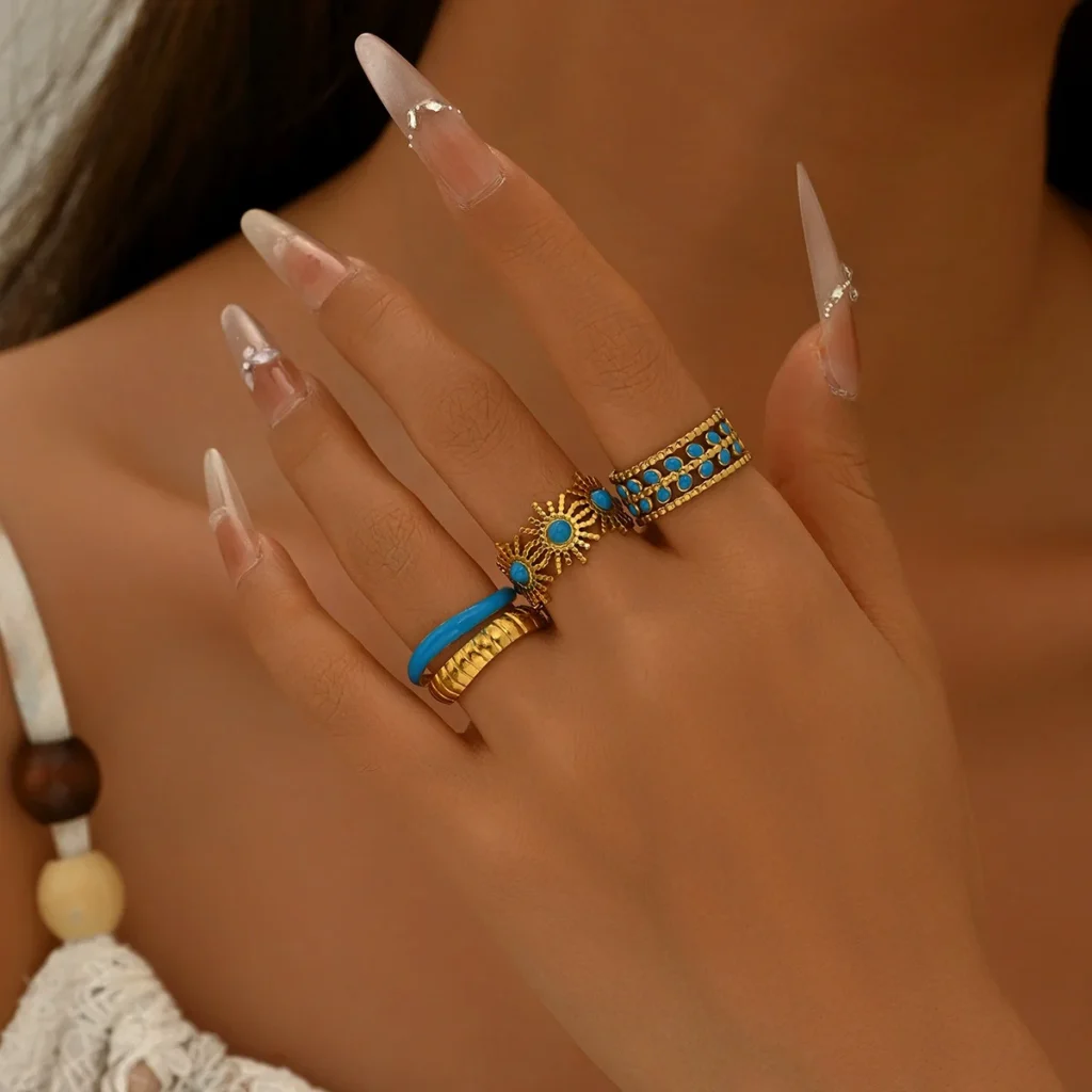 Vintage European Jewelry Designer Luxury Enamel Ring 3 Plain Band Ring Alloy Inlaid