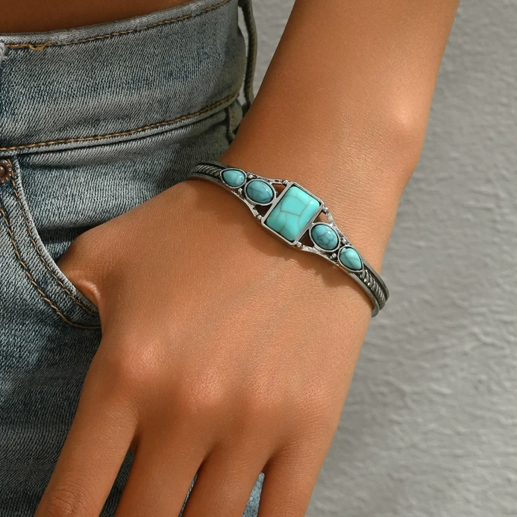 Vintage Fashion Women'S Open Adjustable Bangle Geometric Inlaid Turquoise Bangle Turquoise