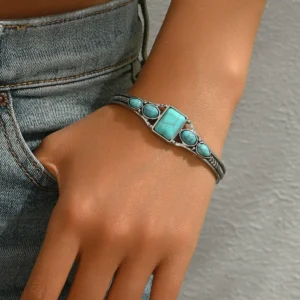 Vintage European Women'S Open Adjustable Bangle Geometric Inlaid Turquoise Bangle Turquoise