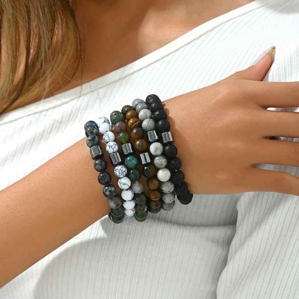 Geometric Natural Stone Beaded Bracelet Handwoven Elegant Bangle Natural Stone Handmade