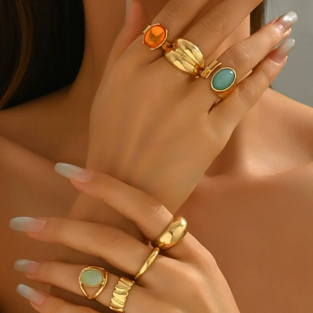Vintage European Women'S Ring Set Geometric Inlaid Open Ring Alloy