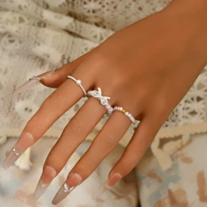 Vintage European Ring Set Designer Fresh Bow Pearl Open Index Ring Alloy Pearl European