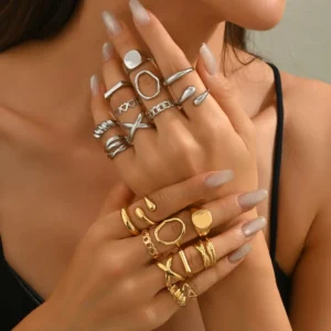 Vintage European Women'S Geometric Gold Ring Set Twisted Polished Open Ring Elegant