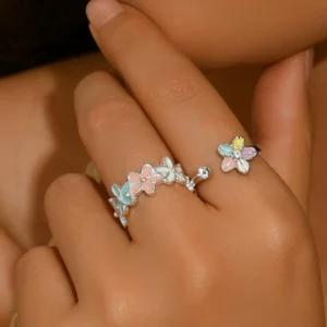 Fresh European Ring Set Geometric Flower Enamel Open Ring