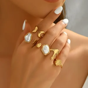European Women'S Ring Set Geometric Inlaid Pearl Open Index Ring Alloy Inlaid