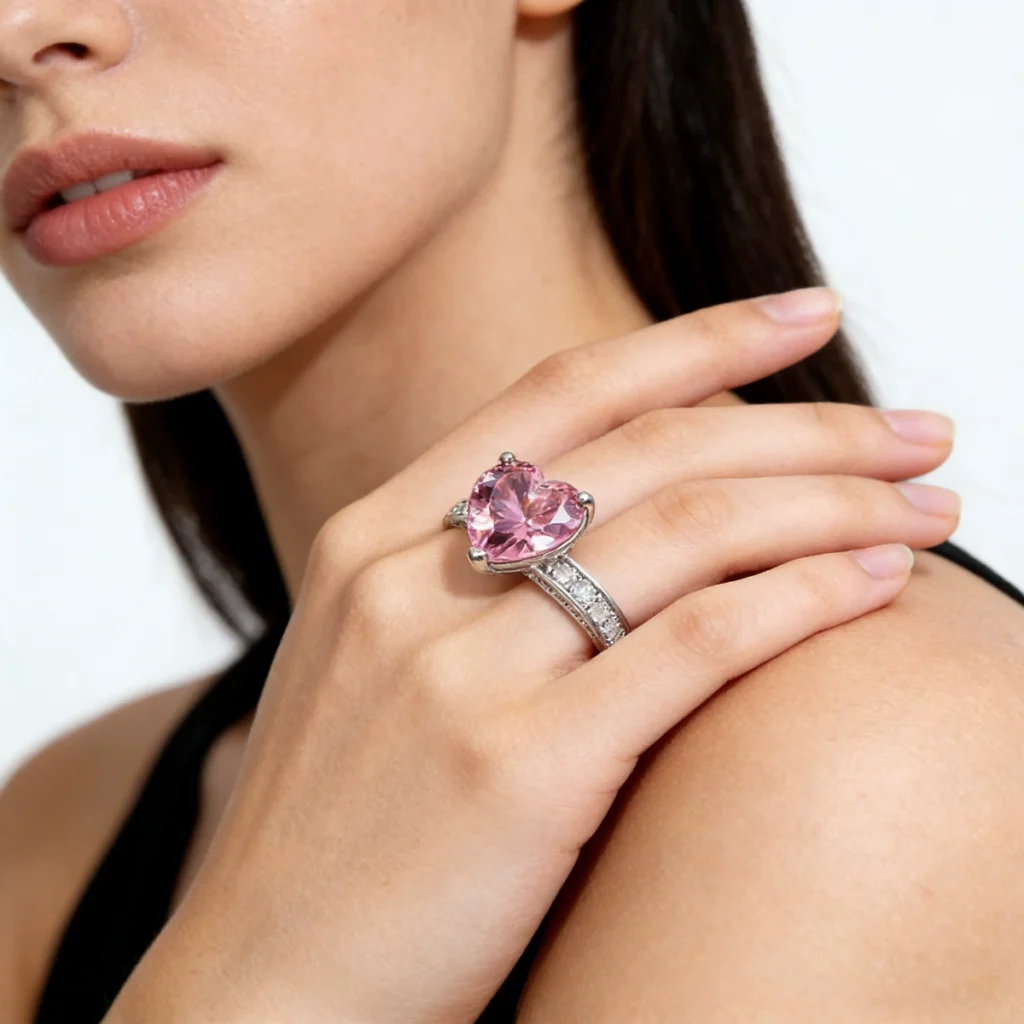 Vintage European Jewelry Geometric Inlaid Cz Heart Ring Designer Plain Band Elegant Cz Plain Band