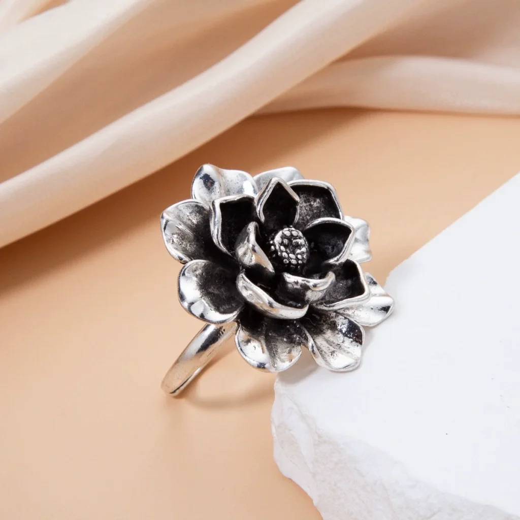 Vintage European Flower Ring Designer Petal Minimalist Open Adjustable Index Ring Distressed