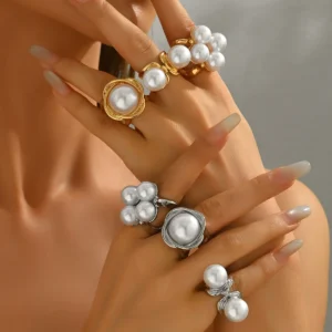 Vintage European Women'S Ring Set Geometric Elegant Inlaid Pearl Open Ring