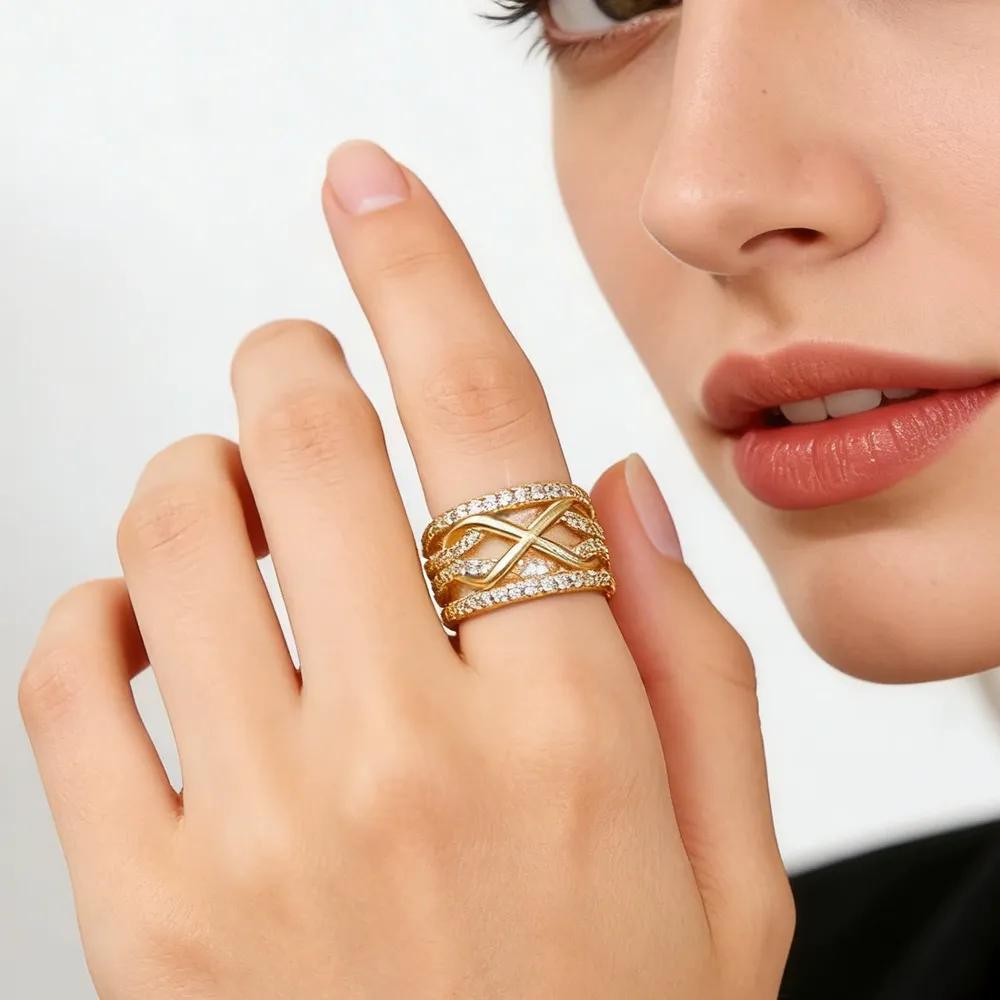 Ring Geometric Multi-Layer Copper Cz Plain Band Ring Designer Elegant Plain Band Inlaid