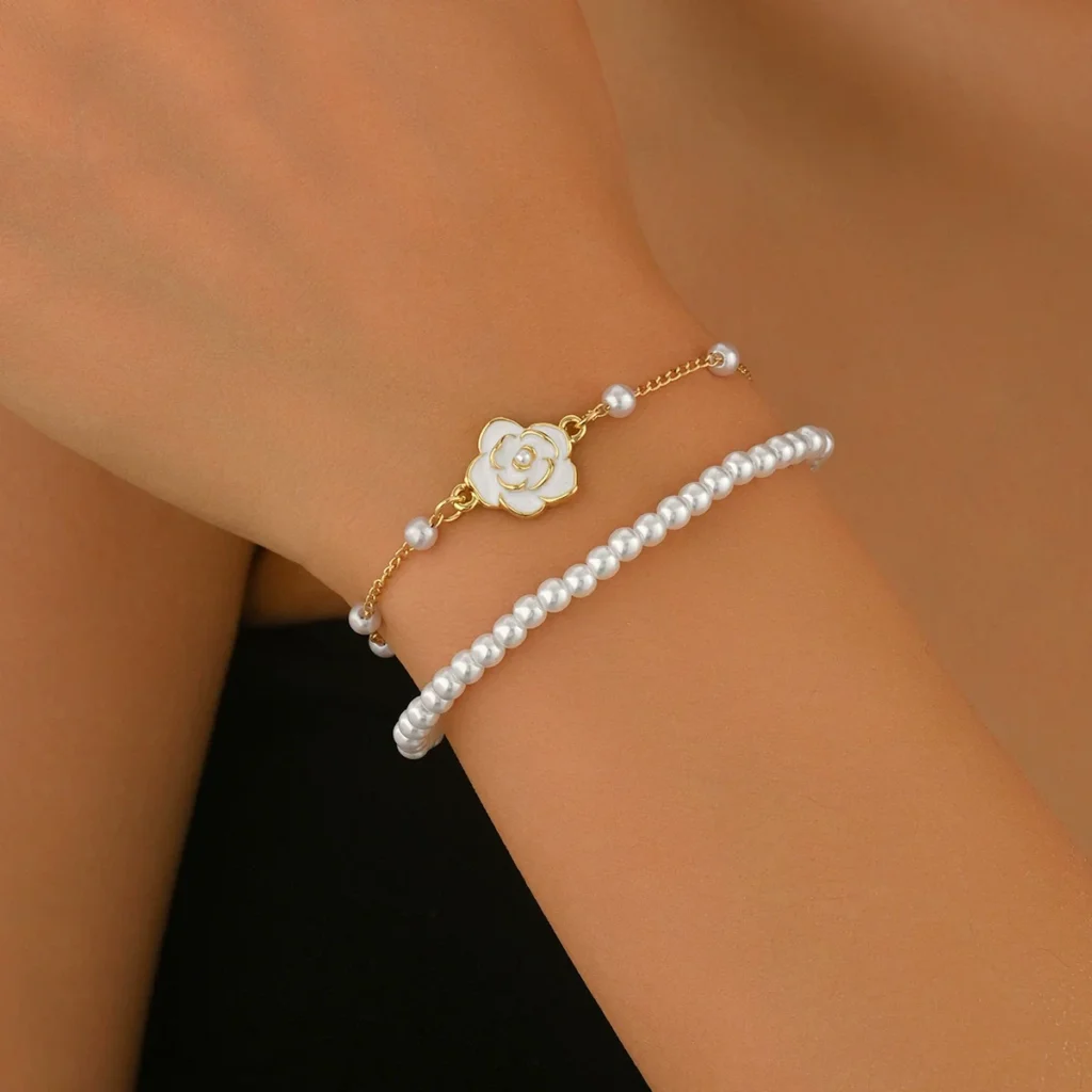 Vintage Fashion Pearl Bracelet Geometric Rose Flower Enamel Multi-Layer Woven Bangle Bracelet